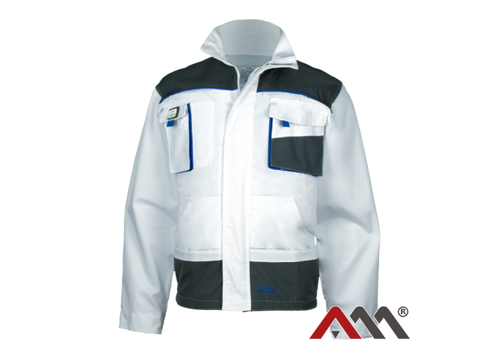 ART.MAS CLASSIC WHITE — рабочая куртка с усилениями, Canvas 270 г/м², бело-серая с синими вставками