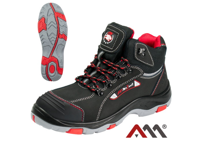 BTNRED O1 — nubuck leather work boots without toe cap O1 SR, black with red and white accents