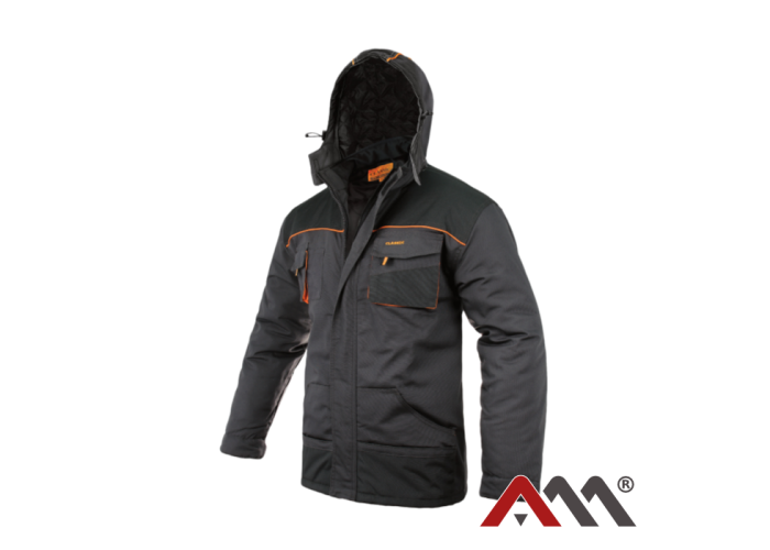 CLASSIC Long +K 1410 — insulated long winter work jacket with hood, graphite